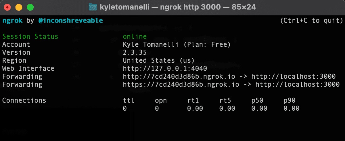 ngrok running in terminal