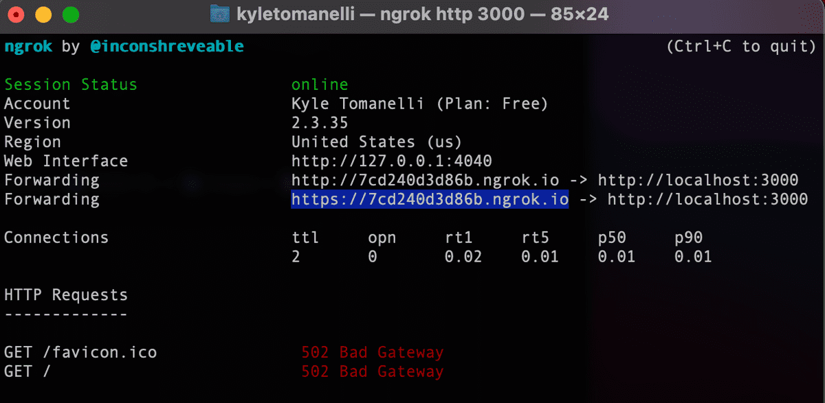 ngrok terminal displaying 502 error